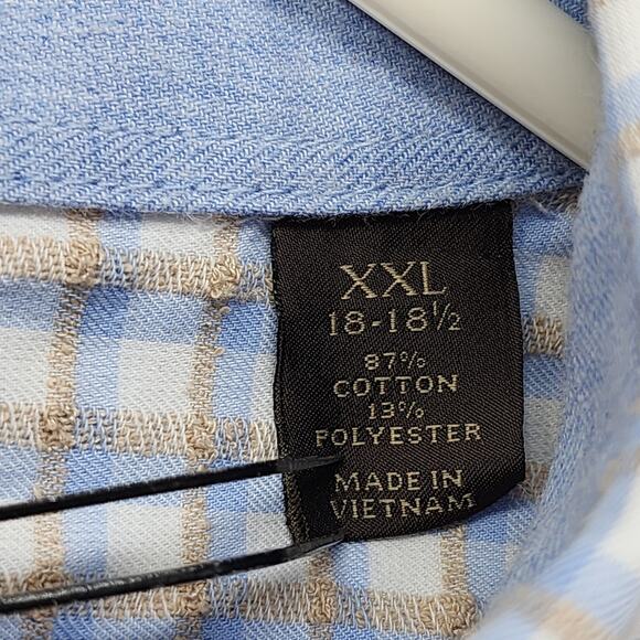 Tasso Elba Shirt Mens XXL 18-18 1/2 Blue White Tan Plaid Long Sleeve Button Up - Picture 6 of 11